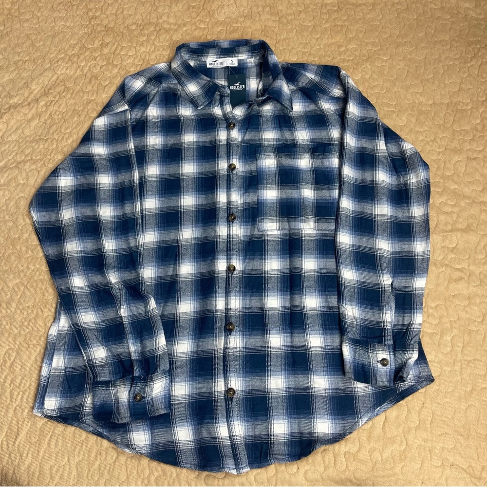 Hollister Flannel Button Up Shirt‎ Blue White Plaid Pocket Cotton Size S